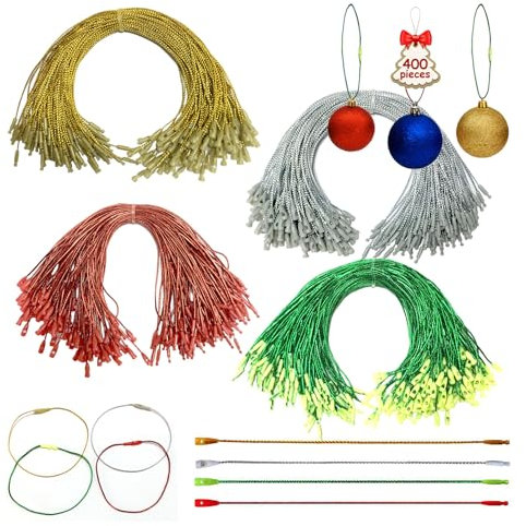 400 Stück goldfarbene, silberne, rot-grüne Ornament-Aufhängerschnur, Weihnachtsschmuck, Haken, vorgeschnittene Seile mit Druckknöpfen, Polyester-Ornament-Draht für Weihnachtsbaum, Urlaub, Party,