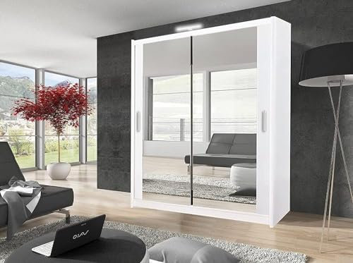 EVIL GSW Bedroom Furniture Modern Double Mirror Sliding Door Wardrobe With Hanging Rail, Shelves And LED Light. (100cm, White)