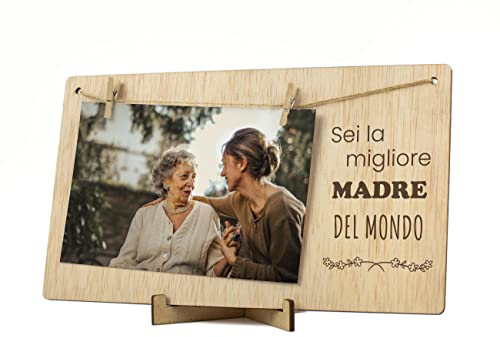 CONTRAXT Portafoto con mollette legno Mamma. Regalo dettaglio sorpresa Cornice Portafoto biglietto di auguri Festa della mamma migliore ti amo madre porta foto mollette polaroid Photo (Mamma IT)