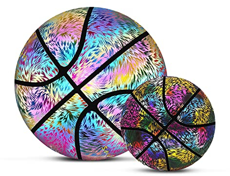 JUKIDS Holographischer Basketball, leuchtet im Dunkeln, leuchtender reflektierender Basketball, leuchtender Basketball, Größe 7 (29,5) für Kinder und Erwachsene, PU-Leder-Basketball