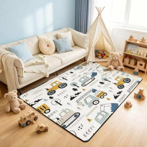 Loussiesd Tapis de construction, équipement de dessin animé pour camions, pelleteuse, tracteur, véhicules, tapis de sol d'intérieur blanc, 150 x 200 cm