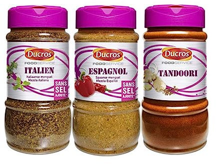 Lot d'épices du monde DUCROS : Mélange italien (200g) - Mélange espagnol (290g) - Mélange tandoori (240g)