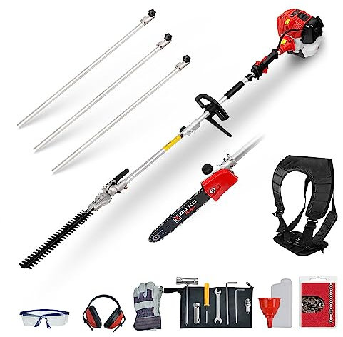 BU-KO 52cc Cortasetos de Gasolina de Largo Alcance de y Sierra de podar con Barra de extensión de 3X 75cm, la Mejor Herramienta de jardín para Cortar con precisión