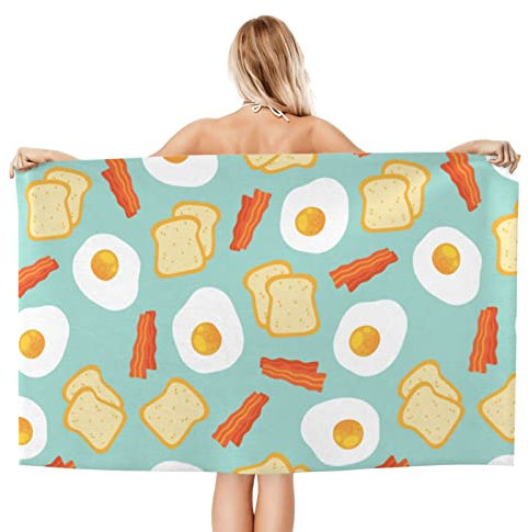 FJAUOQ Microfiber Beach Towel for Adults, Eggs, Toasts and Bacon Travel Beach Towels, 52 x 32 Inch Pool Towels, Large Sand Free Beach Towels for Kids