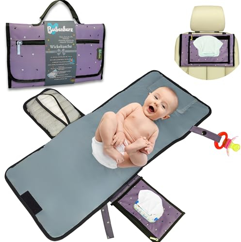 BUBENHERZ Windeltasche - Wickeln bis ins Kleinkindalter mit Komfort-XL-Hygiene Wickelunterlage für unterwegs - Rutschsicheres Feuchttuchfach für alle Größen - Wickeltasche Organizer VIOLETFEET