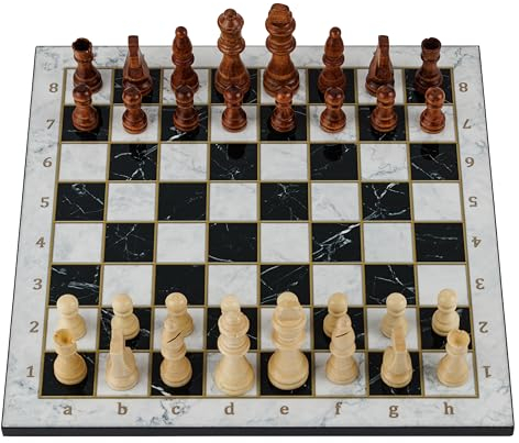 HBS GAMES Weißer Marmor Design Klassisches Schachspiel aus Holz 37 cm Schach und Dame Spiel Chess Board Set Perfektes Familienspiel mit Handgefertigtes Hochwertiges Schachbrett