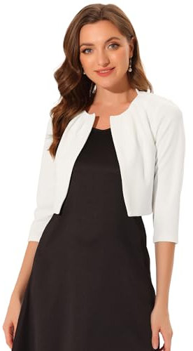 Allegra K Collarless Pleated Shrug Top for Women's 3/4 Sleeve Shrug Open Front Crop Cardigan White L