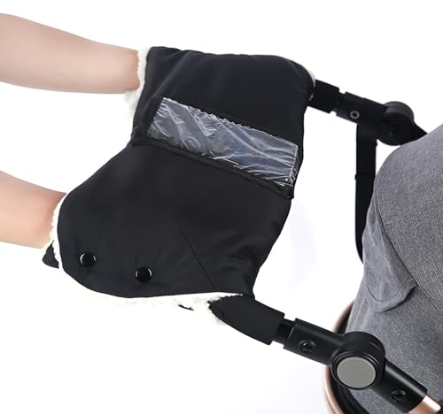 Kinderwagen Handwärmer,Kinderwagen Handschuhe Handmuff Schwarz mit Warm Flanell,Kinderwagenmuff Atmungsaktiv Wasserfest Winddicht, Universalgröße für Kinderwagen Buggy,Radanhänger