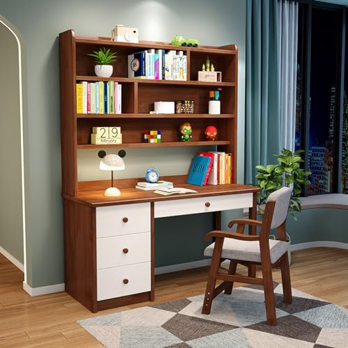 GArcan Massivholz-Schreibtisch mit Schubladen und Regal, moderner Studenten-Studiertisch, Computer-Arbeitsplatz für Zuhause und Büro (39 Zoll, Walnuss)
