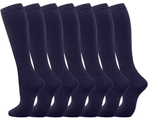Chaussettes De Contention Homme Classe 3 Chaussettes de Compression 7 paires pour femmes hommes Circulation genou haute chaussette est le meilleur soutien pour la course Opaque Sans Pied (Blue, XXL)