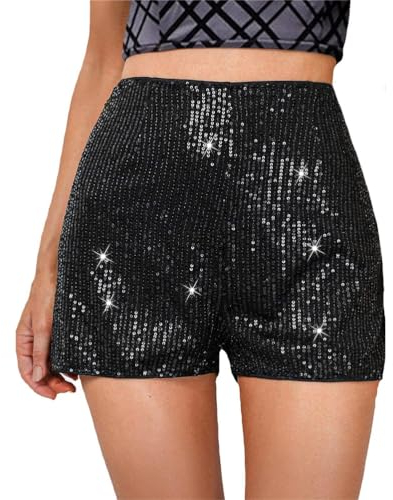 ORANDESIGNE Damen Pailletten Short Glitzer Party Shorts Freizeitshort für Nacht Club Festivals Outfits Glänzend Kurz Hose Tanzshorts High Elastic Hot Pants A Schwarz L