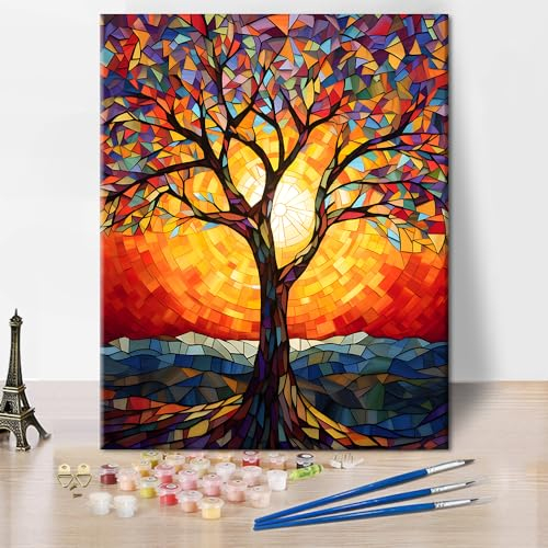 TISHIRON Baum Farbe nach Zahlen für Erwachsene-Buntglas Farbe nach Zahl auf Leinwand ohne Rahmen, DIY Bäume Ölgemälde mit Pinseln und Acrylpigment für Home Wall Decor, Geschenk Wahl (16x20inch)