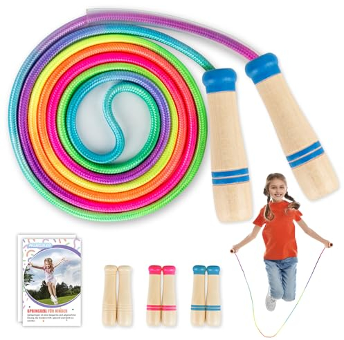 Springseil Kinder, Verstellbare Seilspringen für Fitness, 250CM Jump Rope Kinder mit Holzgriff und Regenbogen-Springseil, Skipping Rope Kids für Jungen und Mädchen 4 5 6 7 8 9 10 jahre(Blau)