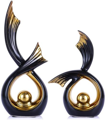 LCCCK Abstrakte Keramikskulptur, Porzellanfigur Im Art-Deco-Stil Akzentdekoration, Schaufigur Für Zuhause – Zeitgenössische Mittelstücke Für TV-Ständer Und Beistelltische (Schwarz und Gold)