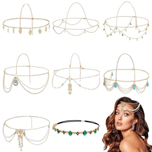 inSowni 8 Pieces Gold Head Chains with Leaf Pearl Gem Rhinestone Coin Festival Prom Wedding Bridal Jewelry Boho Headbands Tassel Forehead Chain Headwear Headpieces for Women Girls