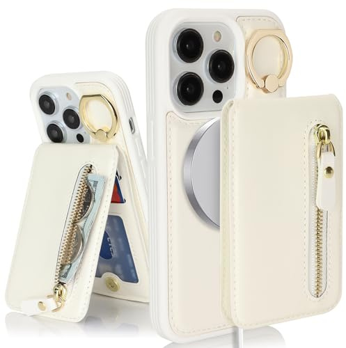 SailorTech iPhone 14 Pro Case with Card Holder, Ring Stand, Kickstand, Wallet - White