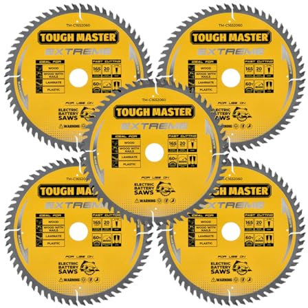TOUGH MASTER Circular Saw Blade 165mm Professional TCT Mitre Saw Circular Saw Blade 165 x 20 x 60T Ideal for Wood, Wood With Nails, Laminate, Plastic, Fits Bosch Makita Dewalt (Pack of 5)