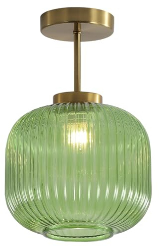 KCO Lighting Deckenleuchte, 20,1 cm, grün, geripptes Glas, halbbündig, Vintage, Messing, Gold, bündige Montage, Licht für Küche, Flur, Schlafzimmer, Eingangsbereich
