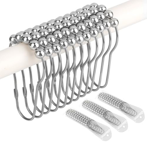 36 Stück Duschvorhang Haken, Silber Duschvorhang Ringe, Edelstahl Duschvorhangringe, Metall Vorhang Haken mit Gleitsystem für Duschvorhangstange, Kleiderstange (77x40mm)