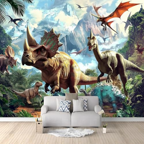Fotomural Dinosaurios en la jungla Fotomural para Paredes Mural Decorativo 200 x 140 cm papel pintado Marrón Comedor dormitorio habitación infantil sala de estar decoración de la habitación