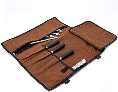 UKTYUAS Messertasche,messertasche kochmesser,Tragbare Messer-Rolltasche,4 Fächer, gewachstes Leinen,Multifunktionale Werkzeugrollentasche mit Reißverschlusstasche