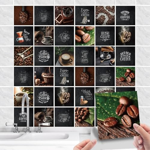 36 Stück Fliesenaufkleber Küche Selbstklebende - Küchenrückwand Fliesenfolie PVC mit Kaffee Spruch - Wasserdicht Ölfest Fliesensticker für Wand-fliesen Schrank Dekorative (Kaffee schwarz, 15x15cm)