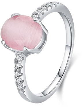 Whoiy Damenring Weissgold 375 Echt Gold, 9K Verlobungsring Oval Opal Solitär Trauringe für Frauen Größe 52 (16.6)