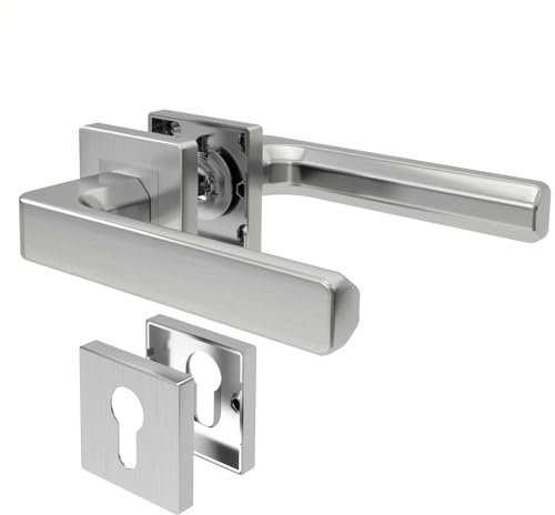 AwmnSrman Türgriffe Innentüren CUBE Türklinke Türbeschlag Drückergarnitur Zimmertür Garnitur PZ - Profilzylinder Set 1er-Set Moderne Edelstahl 2 Türklinken & 2 Langschilder Silber
