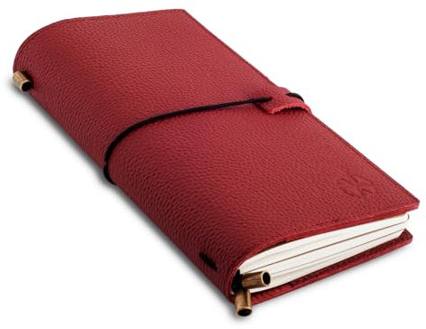 Wanderings Travelers Notebook in regulärer Größe mit Taschen – 11,5 cm x 22 cm – Nachfüllbares Reisetagebuch – Wunderschön handgefertigt, rotes Lederjournal, inklusive 100 gsm Blanko-Einlagen