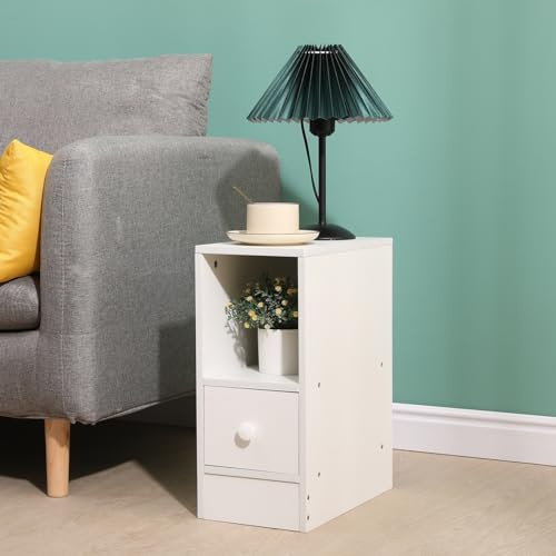 Rainbow Tree Narrow Bedside Table White with Drawer&Open Shelf, Slim Table Cabinet 20cm for Small Space, Nightstand End Side Table for Bedroom (White, 20Wx35Dx45H cm)