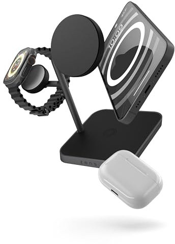 Zens Office Wireless Charger 3, Cargador inalámbrico MagSafe y Qi2 de 15 W para iPhone/Apple Watch/AirPods, Incluye Adaptador de Corriente de 45 W (EU/UK/US) y Cable Integrado de 1,5 m, Negro