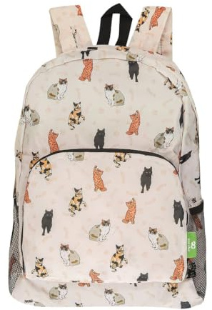 ECO CHIC Leichter, faltbarer, wasserabweisender Rucksack, lässt sich zur Aufbewahrung in eine Tasche falten, Beloved Cats Beige, One size