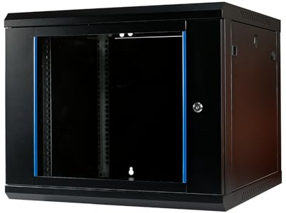 Netzwerkschrank 19 Zoll 9HE I 600 mm Tiefe I Serverschrank Schwarz montiert | Wandmontage I abschließbare Glastür I voll montiert I 100 kg Traglast I 600×600×503 mm (Schwarz - 60cm, 9HE)