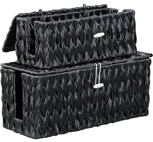 Coeusy Black Cable Management Box,2 Pack Large & Medium Rattan Cable Organizer Box for Power Strip,2 Open Slots Cords Hider Box for TV Wires, Computer, Router, USB Hub and Under Desk Power Strip