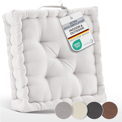 Beautissu 2er Set Bodenkissen Sitzkissen 50x50 cm - Dickes Matratzenkissen 10cm - 100% Baumwolle Stuhlkissen Indoor & Outdoor Sitzkissen Boden Tragegriff extra Dicke Sitzauflagen Natur - Mila