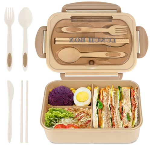 Primepixell Auslaufsicheres Bento-Box-Set mit 3 Fächern – Brotdose für Erwachsene mit sicherem Deckel und Besteckset