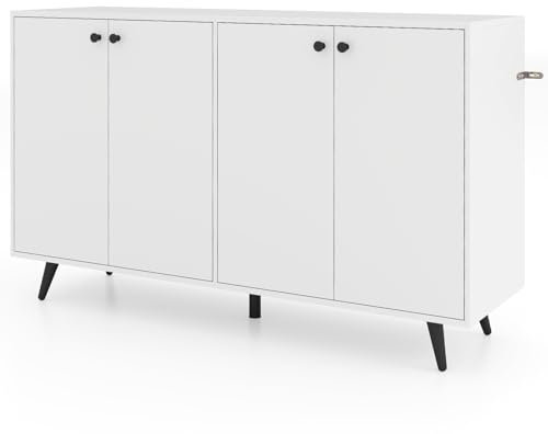 TANGZON Storage Cabinet, 4 Door Buffet Sideboard with Adjustable Shelves, 5 Legs & Anti-tipping Kits, Freestanding Kitchen Cupboard Organiser for Dining Living Room Hallway (White)