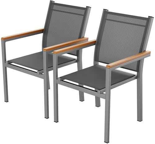 LIFERUN Gartenstuhl Aluminium 2er Set, Stapelbarer Esszimmerstuhl Textilene, WPC Handlauf, Balkonstühle, für Terrasse, Balkon, Terrasse, Pool, Restaurants, Wetterfest, Grau, 2 PCS