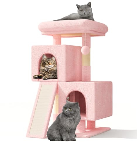 Athena Collection Kleiner Katzenbaum, modern, 86,4 cm, niedlicher Katzenbaumturm mit Kratzbaum, 2 Condo Aktivitätsplattform und Spielball für den Innenbereich, Rosa