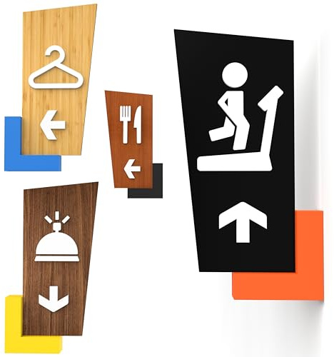 Set de 4 señales direccionales con flechas – 32 cm – Símbolos personalizados: Aseos, Recepción, Comedor, Gimnasio, Vestuario/Camerino – Carteles de pared de doble cara