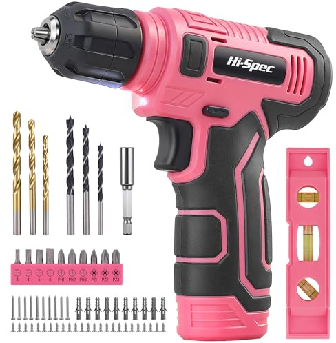 Hi-Spec 8V Akku-Schrauber Set in Pink mit USB-Ladefunktion | Kompakter, kabelloser Elektro-Schrauber inklusive Bit-Set und Wandaufhängungs-Set für Haushalt und Heimwerken