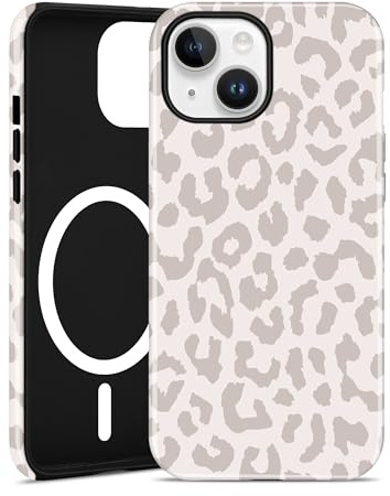 Jusy Handyhülle Magnetische für iPhone 13/14 Hülle, Aesthetic Leopardenmuster Design, Kompatibel mit MagSafe Zweischichtige Stoßfest Bumper Case, Beige