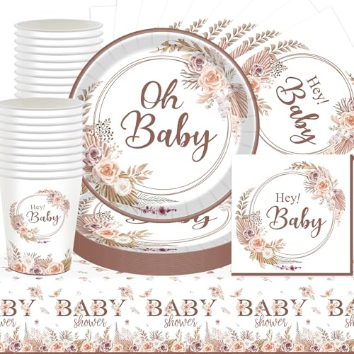 61 pièces ensemble de décoration pour fête prénatale, thème fleurs vintage, révélation du sexe, thème bébé assiette tasse serviette en papier nappe, décoration pour fête d'anniversaire d'enfant
