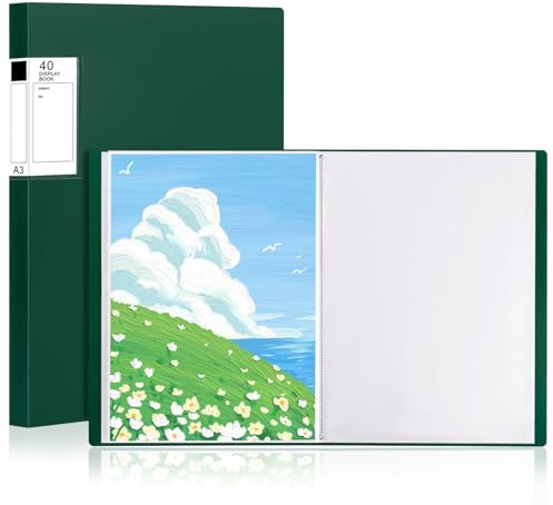 GUOKOFF Lot de 2 Porte-vues A3 40 Pochettes, pour Bureau école, Vert | A3 Livret de Présentation en Polypropylène, Classeur avec Insert de Présentation, Pocket Présentation Affichage du Livre