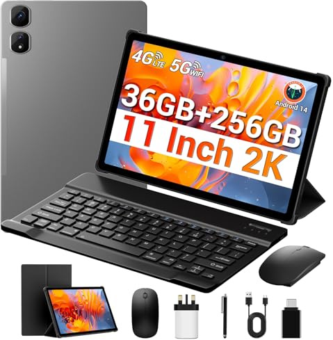 11 Inch Touch Tablet, 2K IPS Screen, 36GB RAM+256GB/1TB Expandable, Dual SIM 4G LTE + 5G WiFi, Octa-Core 2.0Ghz, Gemini AI, 9580mAh, GPS, OTG, 13MP, Android Tablets Keyboard/Mouse/Stylus/Case Included