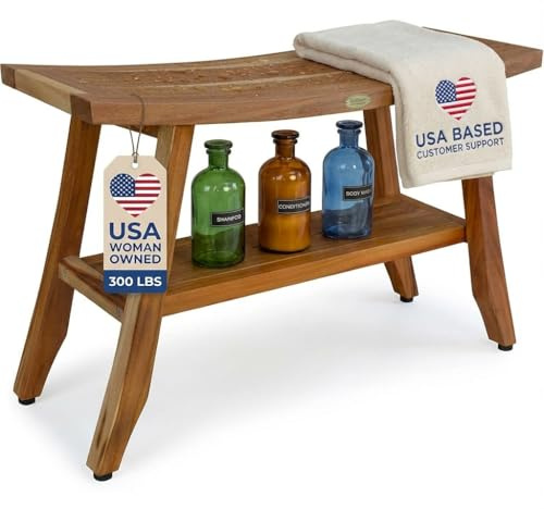 EcoDecors Satori 34-Inch Natural Teak Shower Bench, Waterproof