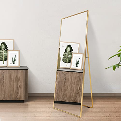 AUFHELLEN Miroir en Pied 140x50cm avec Cadre en métal doré Miroir sur Pied Grand Miroir Mural pour Salon, Chambre et Dressing, Miroir penché