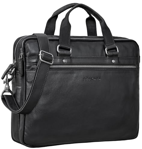 STILORD 'Brayson' Serviette Porte Documents Cuir Sac Business Ordinateur pour MacBooks de 16 Pouces Sac de Travail Sac à Bandoulière Mallette Cuir Véritable, Couleur:Noir