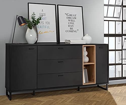 Forte DECYMA Kommode mit 2 Türen, 3 Schubladen und 2 offenen Fächer, Holzwerkstoff, Schwarz/Artisan Eiche, B x H x T: 174,2x84x41,5 cm