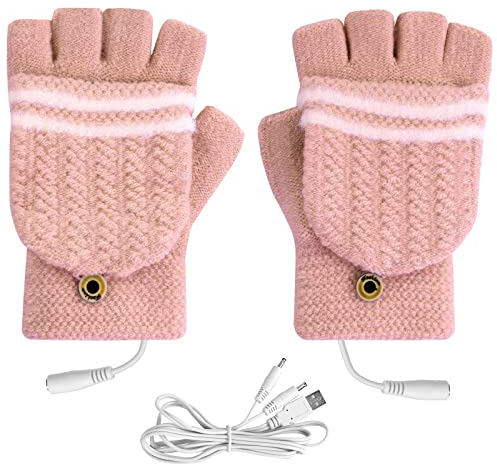 Flintronic Guantes Calefactables USB, Guantes Térmicos USB Unisex de Invierno, Guantes de Medio Dedo con Cubierta para el Dedo, Guantes de Tejer Lavables para Ciclismo/Esquí/Portátiles/Oficina-Rosa